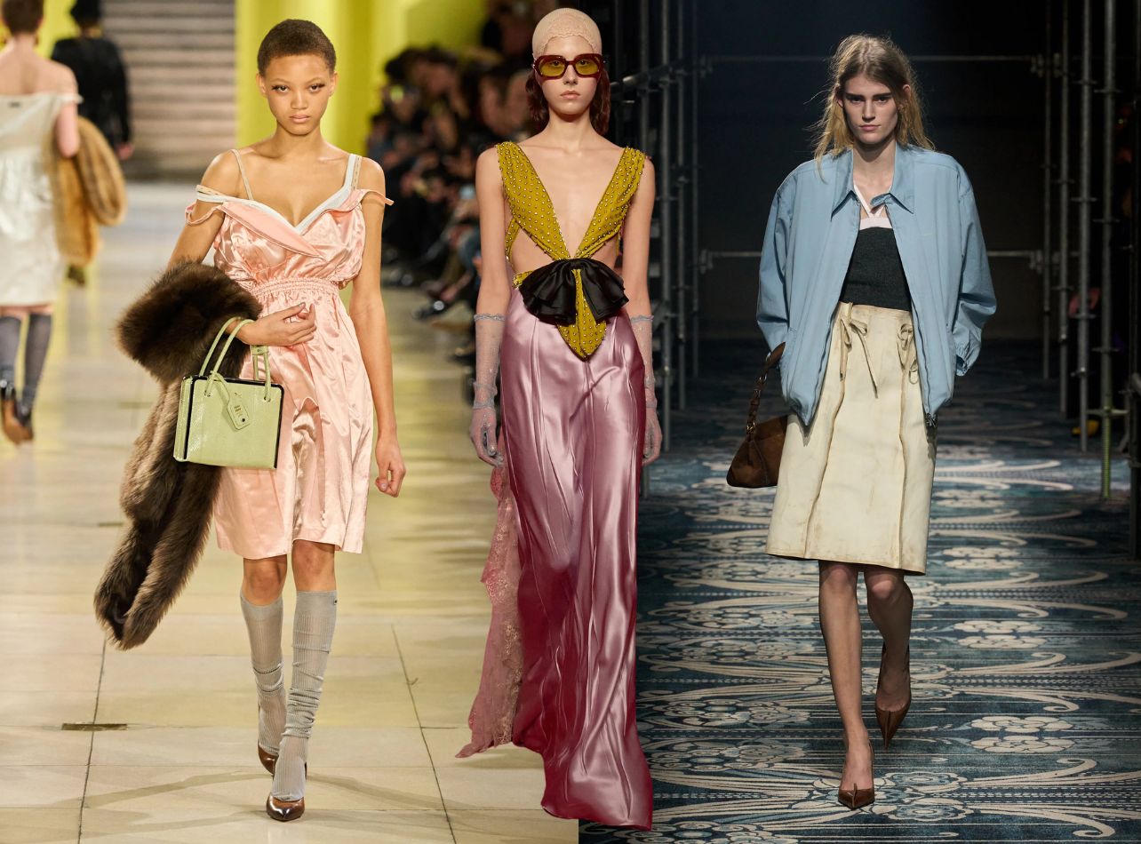 Collage of looks from the Miu Miu, Valentino and Prada F/W 25 fashion week runway shows